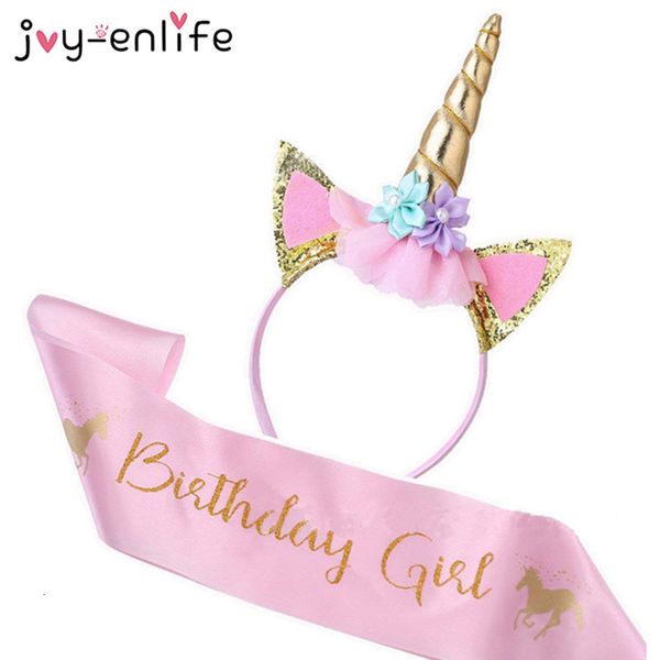 

satin silk sash with unicorn headband girl 1st birthday decor rainbow unicornio party headbands