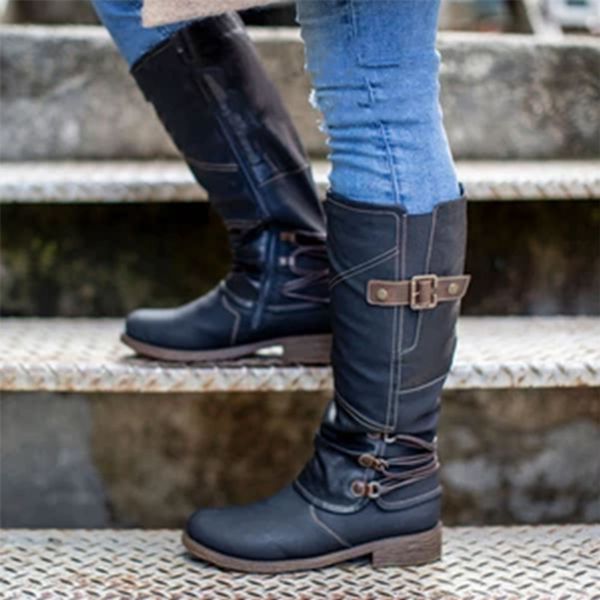 

new women knee high boots wedges flat shoes woman high heel platform leather boots lace up women shoe ladies winter, Black
