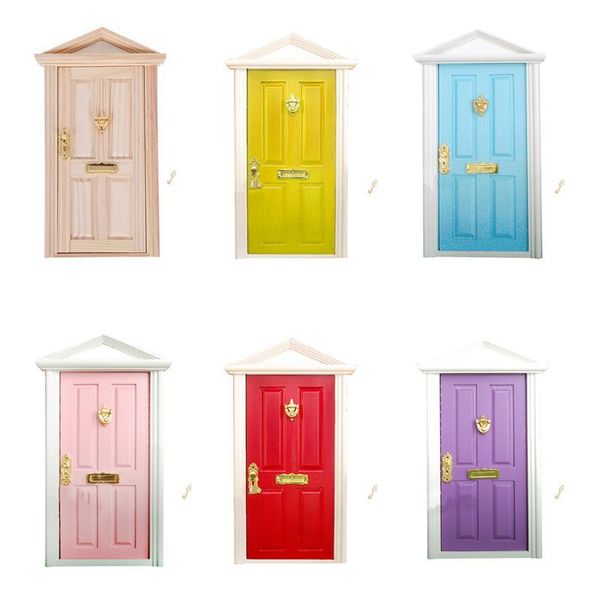 

1:12 scale dollhouse miniature wood fairy door knocker doorplate lock key decor yellow,red,purple,pink,blue,wood color 1019