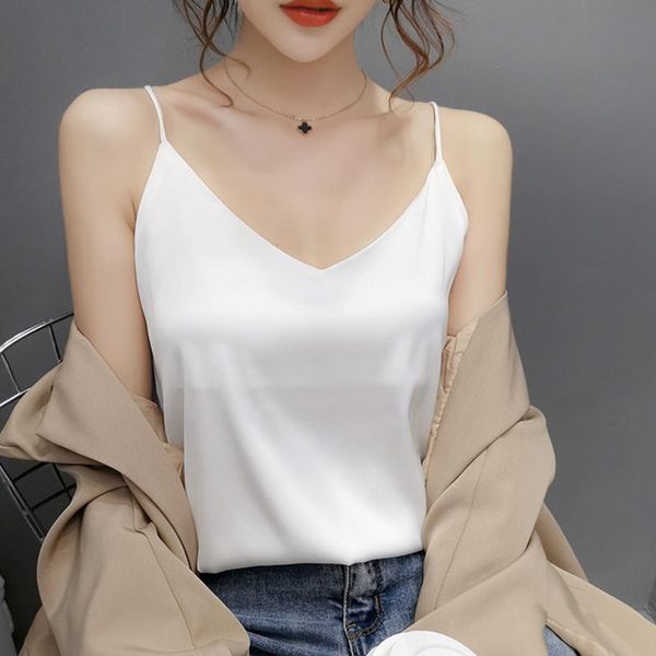 

casual silk women chiffon v-neck satin tank sleeveless black tees cami halter plus size elegant women white