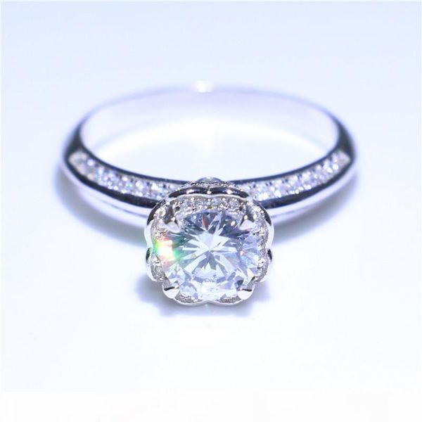

handmade lotus jewelry ring round cut 2ct diamonique cz 925 sterling silver engagement wedding ring for women anniversary gift size 5-9, Slivery;golden