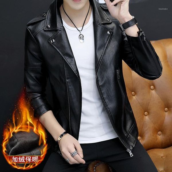 

2019 in the spring and autumn winter and warm men's leather texture soft, fashion leisure leather coat lapels1, Black