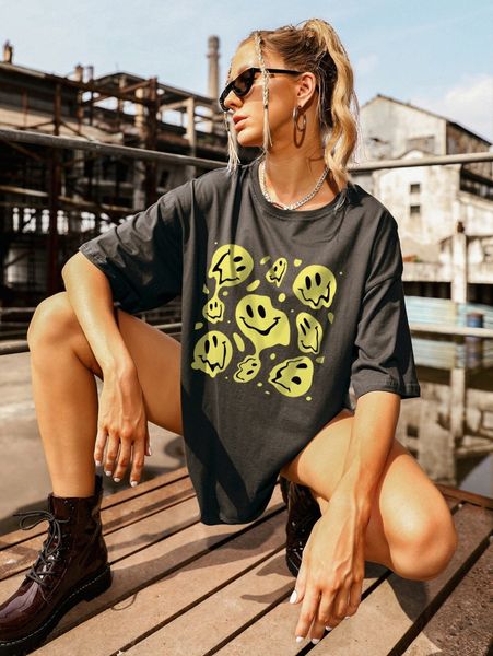 

smile face print oversized tee m3ia#, White