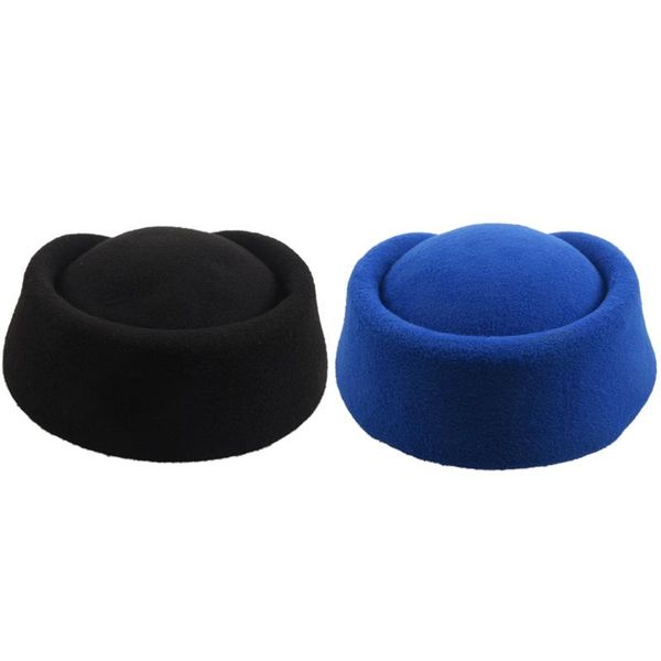 

2pcs new elegant wool felt pillbox stewardess air hostesses beret hat party base cap (black&blue), Blue;gray
