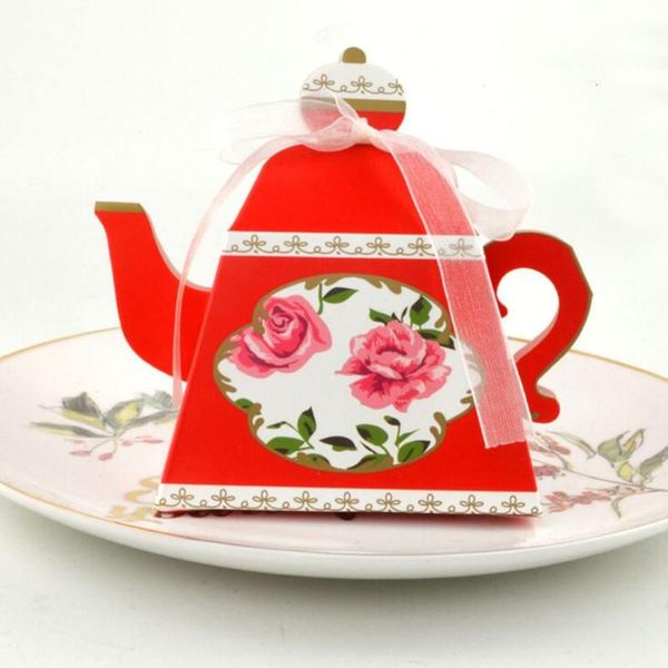 

новые 5шт 4color творческий чайника форма сладкие конфеты коробка с лентой diy ретро роуз печатных сахарная свадьба партии box фавор подароч