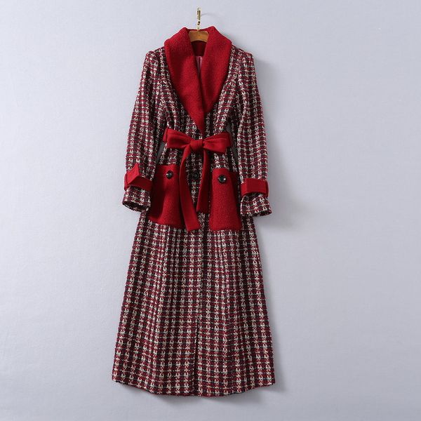 

european and american women's wear 2020 winter new style long sleeve lapel large pocket lace-up fashionable tweed red coat, Black