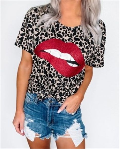 

leopard print womens tshirts fashion crew neck short sleeve designer lip ladies womens summer clothes, White