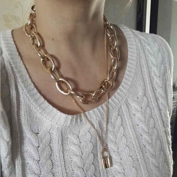

chokers punk personality metal lock necklace fashion lady beach party jewelry gold chain long initial statement wholesale, Golden;silver