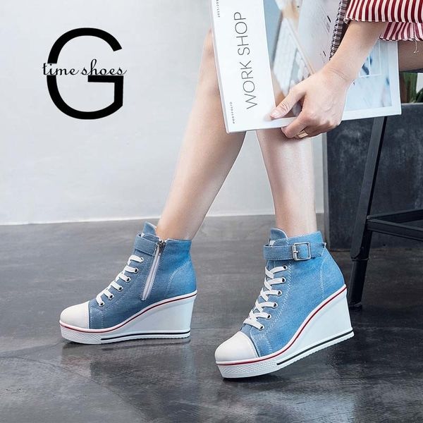 

gtime canvas shoes women wedges platform sneakers 8cm heels sports shoes lace up solid color casual side zipper shoes 43 zstm57 y200801, Black
