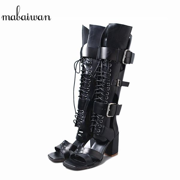 

mabaiwan black women summer cowboy knee high boots genuine leather thick high heel shoes woman peep toe buckle pumps