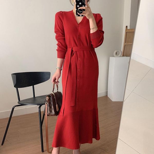 

red sweater dress for woman with belt long sleeve v neck maxi mermaid vestidos elegant slim womens knit date dresses xc107, Black;gray