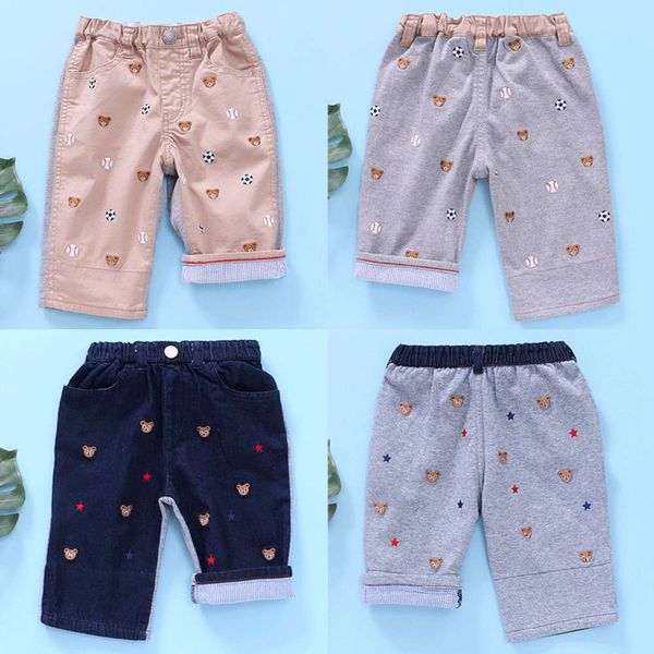 

miki wear children's cartoon full embroidered bear head jeans shorts capris, Blue