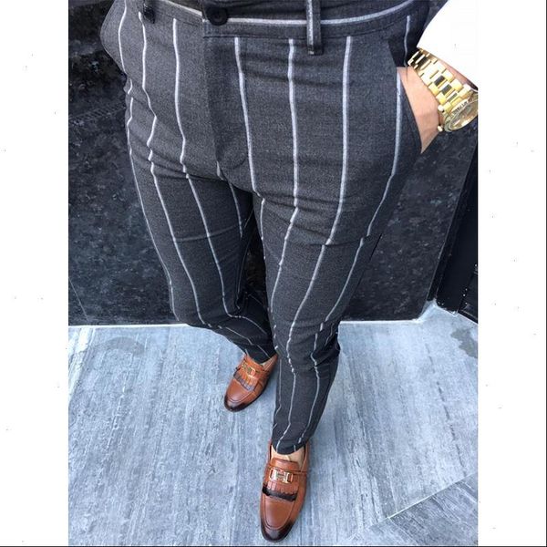 

new autumn mens fashion stripe social pants casual slim fit business elastic long trousers male cotton party button streetwear, Black
