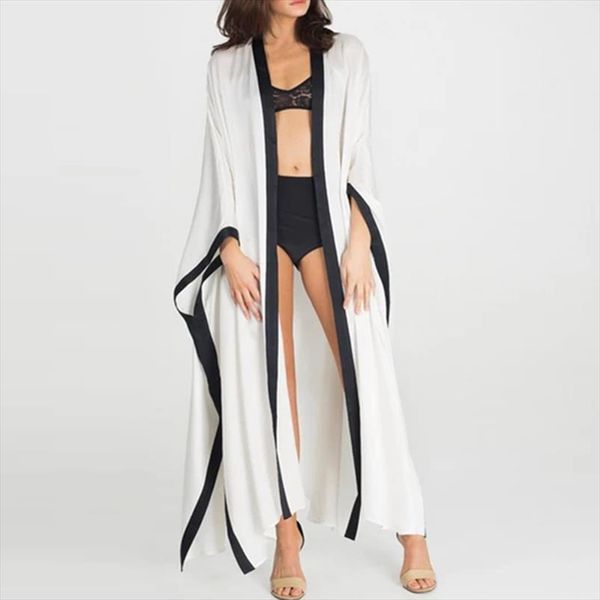 

vintage spliced kimono cardigan women long solid 2021 summer shirts long sleeve casual loose beach cover up blouses, White