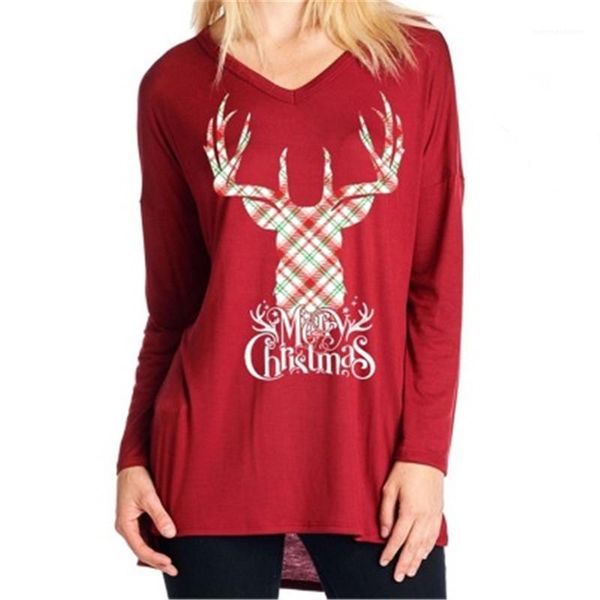 

long sleeve tees designer female v neck loose laides christmas t-shirts fashion trend casual letter elk pattern, White