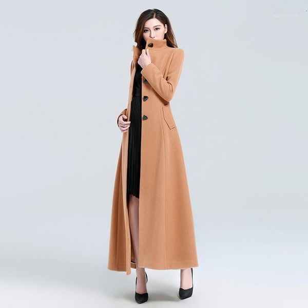 

women's wool & blends women winter slim fit super long woolen coat stand collar windbreaker jacket office ladies outwear coats sobretud, Black