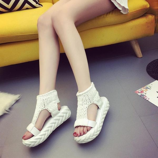 

sandals knit platform women gladiator summer flat wool shoes thick heels ladies solid sandalias zapatos mujer, Black