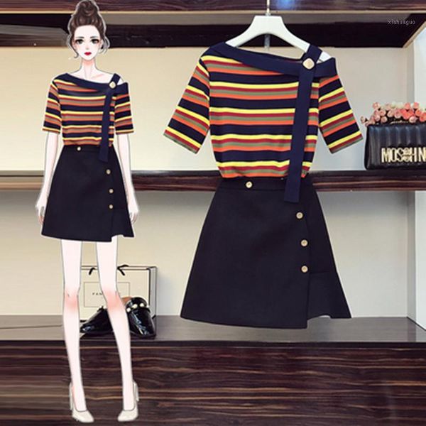 

elegant ladies casual suit 2020 summer new slash neck chic metal buttons deco knitted and skirt 2 piece set1, White