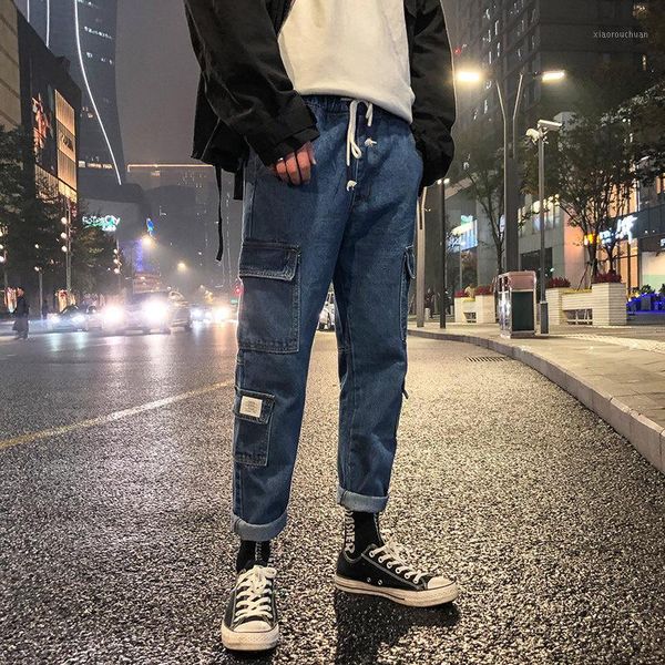 

2020 autumn men's cargo pants pocket decoration elastic waist deep blue breathable stretchy simple fashion casual male jeans1, Black