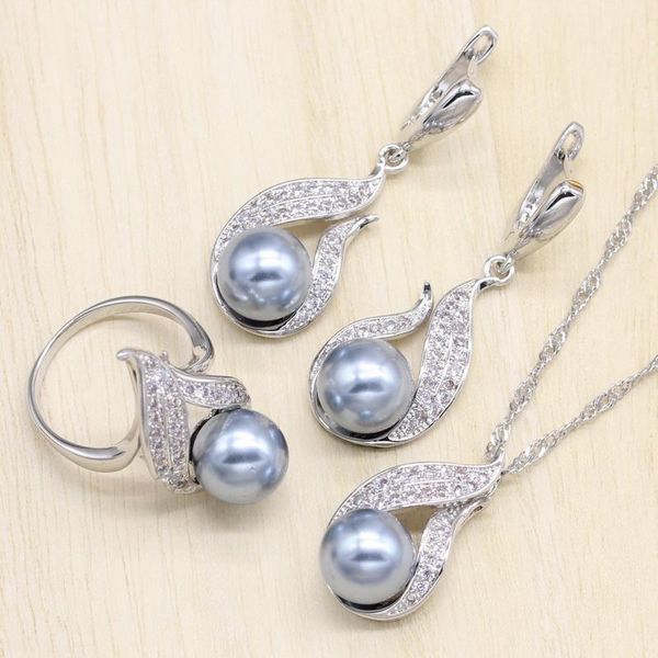 

fire silver color jewelry white imitation pearl cubic zirconia jewelry set gift for women earrings/ring/pendant/necklace chain