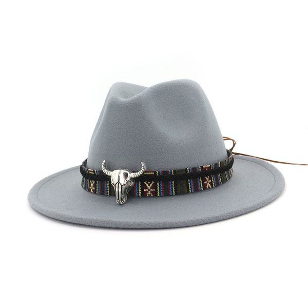 

wide brim cowboy fedora hats bull head decor men women wool felt trilby gambler hats jazz panama caps 60 cm, Blue;gray