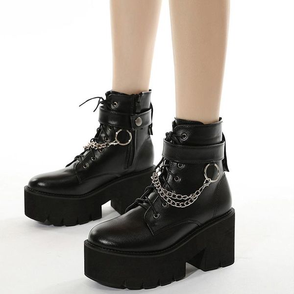 

gothic punk platform ankle boots women autumn women's chain block high heel woman black ladies shoes female footwear plus size