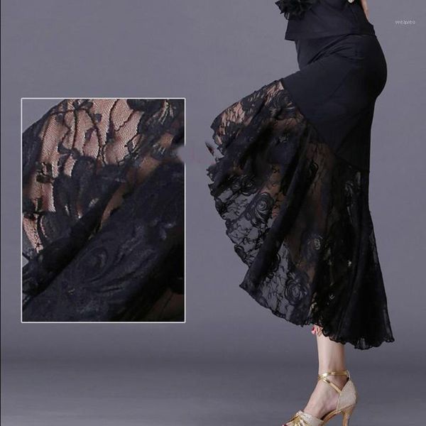 

2020 new latin dance skirts women black lace skirt irregular fish tail skirt long ballroom dance dress1, Black;red