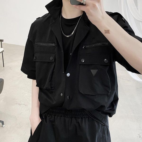 

streetwear hip hop fashion casual short sleeve shirts 2020 summer multi-pocket cargo shirt men black loose korean men clothes1, White;black