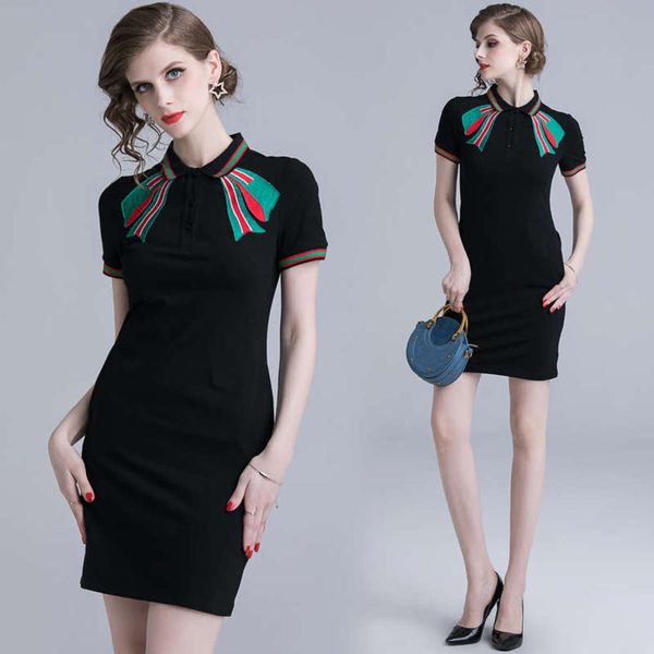 

style summer casual 2019 embroidered new bow polo neck slim dress, White
