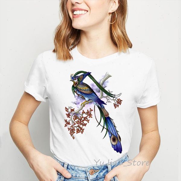 

vintage peacock drawing t shirt women lovely female t shirt aesthetic clothes gothic tees shirt femme animal print tshirt, White