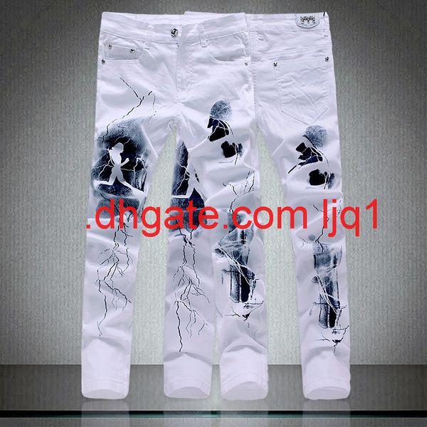 

2019 new white printed jeans men's casual korean elastic slim fit, Blue