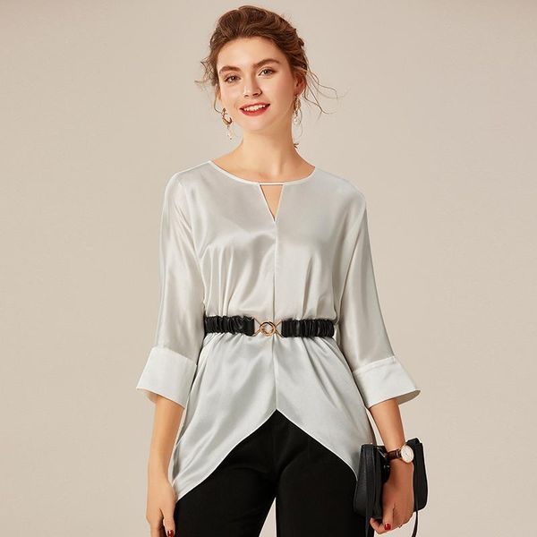 

women's blouses & shirts spring autumn women acetate blouse elegant o-neck three quarter sleeve solid asymmetrical fashion office lady, White