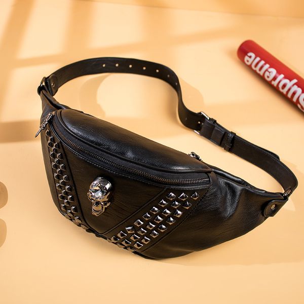 

wholesale men leathers shoulder bags street personality skull punk chest bag european and american popular rivet backpack outdoor sports lei