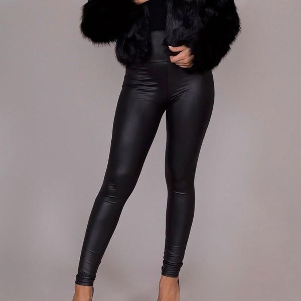 

women's leggings womens high waist skinny elastic leather pants ladies solid color casual long pantalon femme#lr3, Black