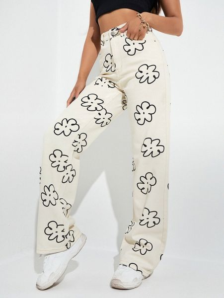 

allover floral print jeans 56ge#, Blue
