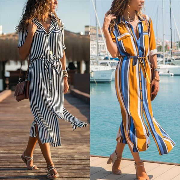 

2019 turn down collar office ladies stripe shirt dress long chiffon beach dress casual long sleeve elegant party vestidos, Black;gray