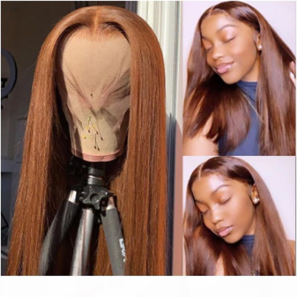 

preplucked brown colored silky straight remy 13x6 lace front human hair wigs with baby hair 4*4 silk base wigs bleached knots, Black;brown