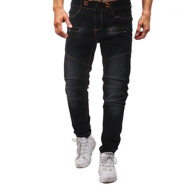 

2020 famous men vintage pleated stitching cotton skinny jeans drawstring mens slim hip-hop motorcycle street denim biker jeans1, Blue