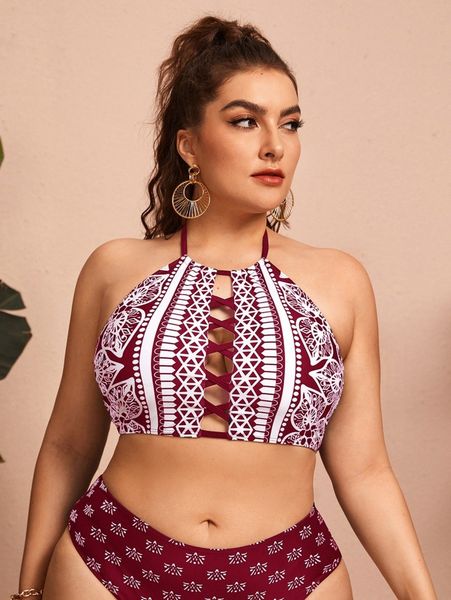 

plus allover print criss cross bikini p00i#, Black