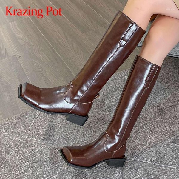 

boots krazing pot genuine leather square toe med heel riding handsome young lady daily wear vintage basic knee-high l181, Black