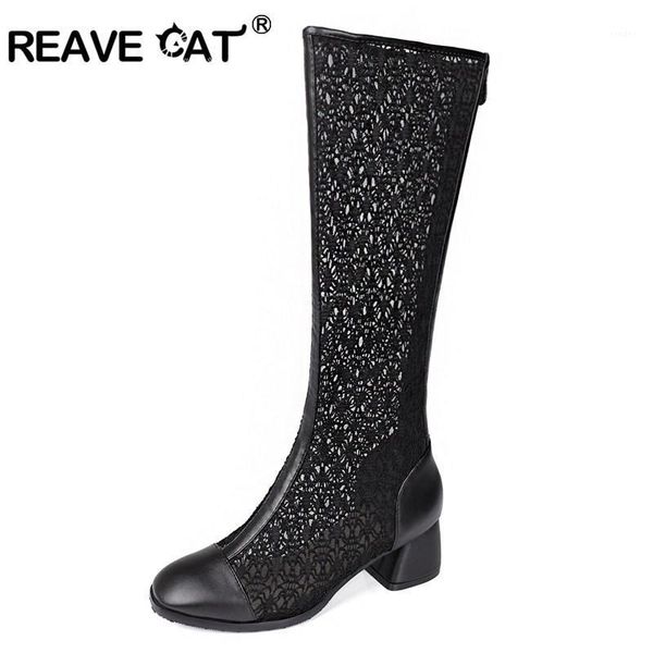 

reave cat elegant summer long lace boots women female spring hollow out booties cutouts floral shoes black botas feminina a3591