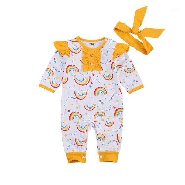 

opperiaya toddler baby girls boys outfits sets cute long sleeve ruffle round neck cartoon rainbow printe romper bow headband set1, White