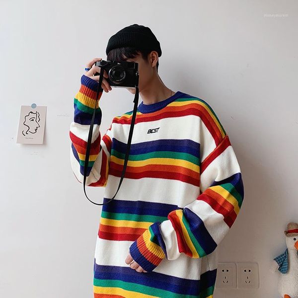 

men's sweaters autumn rainbow stripe contrast color male sweater harajuku style bf thick section korean trend ulzzang lovers sweaters1, White;black
