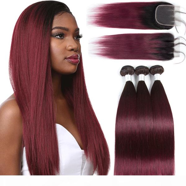 

per-colored brazilian straight hair 3 bundles with closure t1b99j 1b burgundy human hair extensions ombre non-remy hair weave bundles hcdiva, Black
