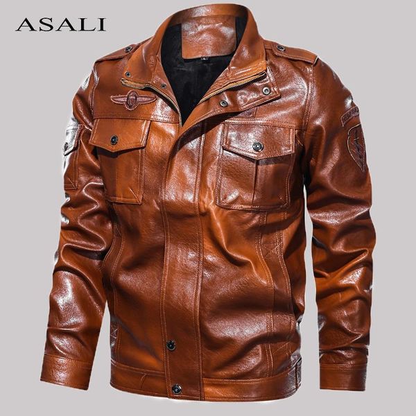 

men's fur & faux tactical pu leather jacket men winter slim fit motorcycle bomber jackets man casual stand collar windbreaker coats mal, Black