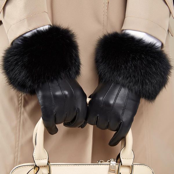 

five fingers gloves women' genuine leather winter warm fluff woman soft female fur lining riveted clasp high-quality mittens, Blue;gray
