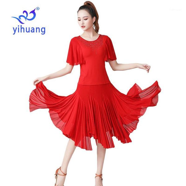 

women dance performance wear costumes modern standard dress ballroom practice outfits waltz tango blouses & skirt 2pcs set1, Black;red