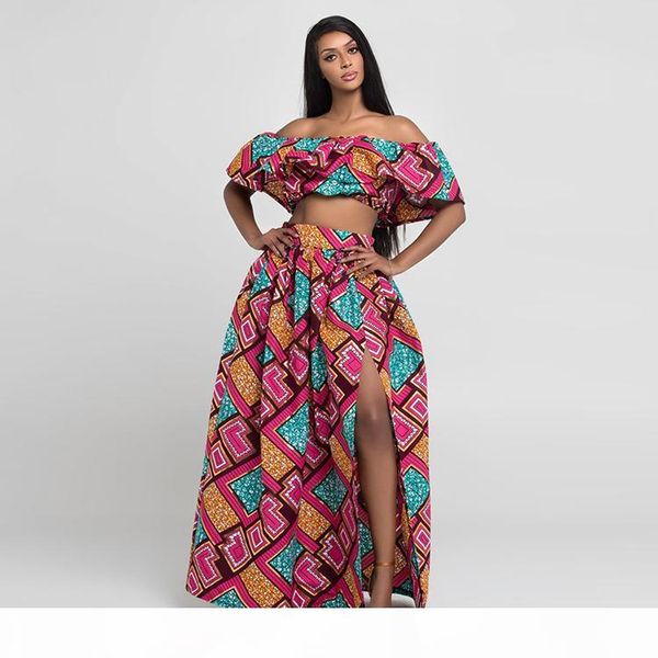 

women african printed long two piece skirt set nigerian casual party dress night club off shoulder dresses maxi summer dress sets, White