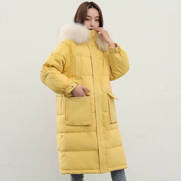 

janveny women's long puffer coat 2020 large natural fur hooded 90% white duck down jacket women feather clothes female parka1, Black