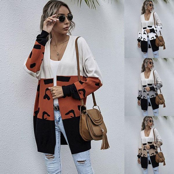 

loose jackets knitted sweater women jumpers long sleeve woman long leopard cardigan 2020 autumn plus size patchwork coat c0033, White